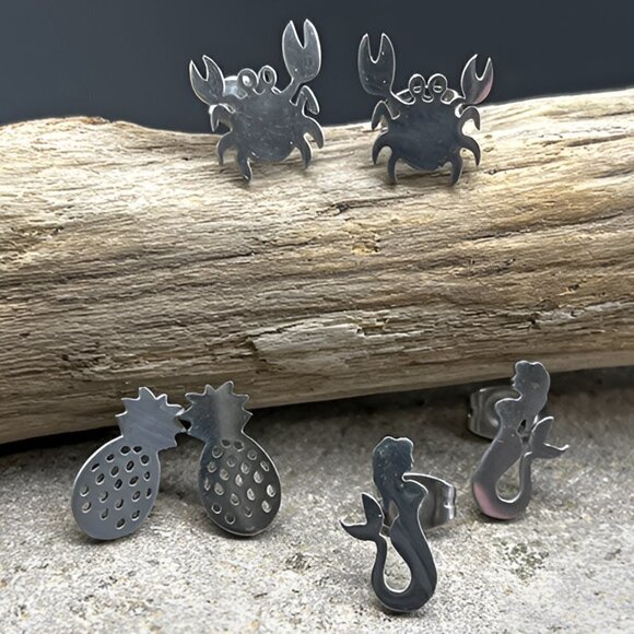 Silver Stud Earring Set of 3 Ocean Theme - Picture 1 of 5